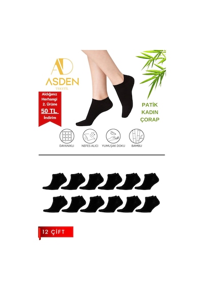 Asden Bambu Kadın Patik Çorap Beyaz 12'li, Dikişsiz, Soft Yıkamalı, Premium 12 Çift Siyah