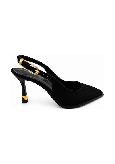 Papucumun Dünyası Siyah Slingback Sivri Burun Topukta Gold Metal Detaylı Ayarlanabilir Arka Tokalı Stiletto Papucumun Dünyası Siyah Slingback Sivri Burun Topukta Gold Metal Detaylı Ayarlanabilir Arka Tokalı Stiletto