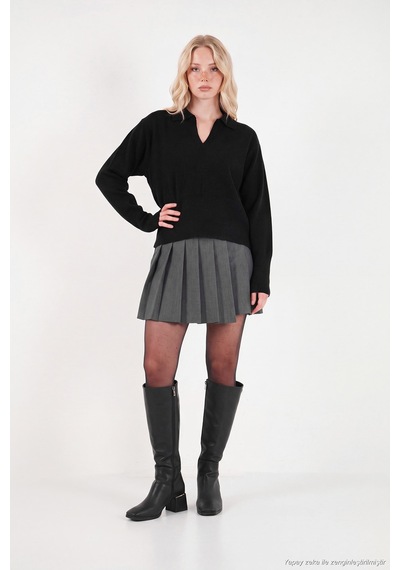 Lela Yumuşak Dokulu Regular Fit Polo Yaka Kazak Kadın Kazak 680kz00163 Siyah