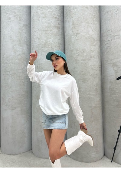 Düz Renk Kadın Sweatshirt Beyaz