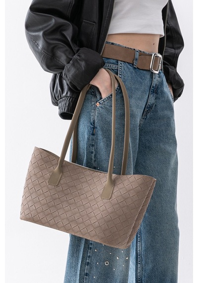 Paul Brand Terra Touch Örgü Desenli Yumuşak Süet Dokulu Makyaj Çantalı Kadın Shopper Omuz Çantası Vizon