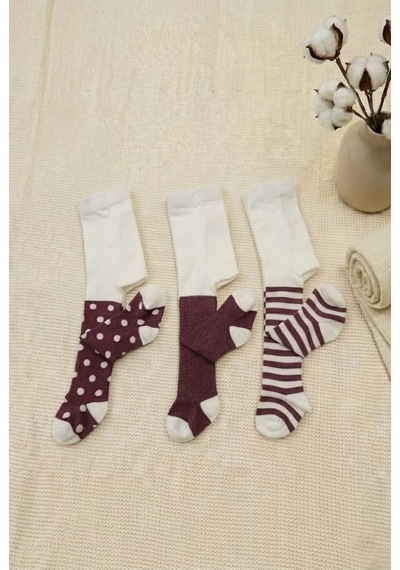 Cocole Socks Kız Bebek Külotlu Çorabı 3'lü Set Pamuklu Bordo 0-24 Ay Çok Renkli