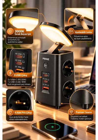 Exenar - Siyah - Akım Korumalı 4'lü Priz 20w Pd Hızlı Şarj Usb-a Ve 2x Usb-c Çıkışlı Katlanabilir Gece Lambalı Güç Ünitesi 1.9 M