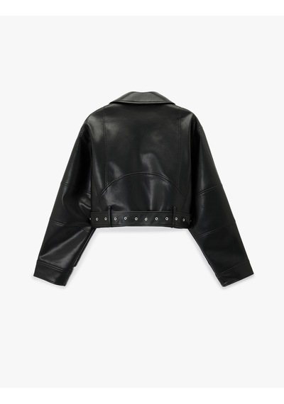 Koton Fermuar Detaylı Uzun Kollu Crop Oversize Suni Deri Biker Ceket Siyah 6sak20016ew