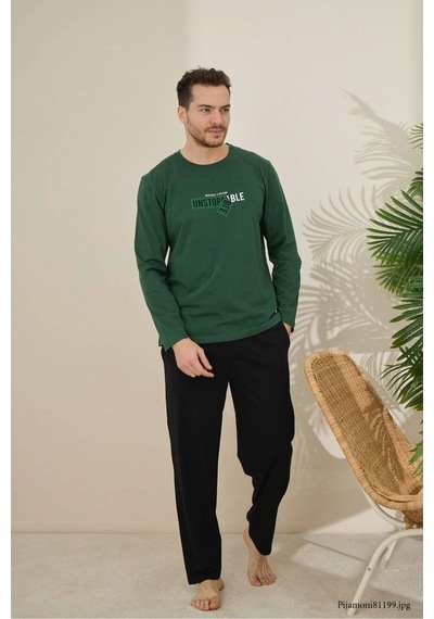 Formo Erkek %100 Pamuk Uzun Kollu Baskılı Kaliteli Pijama Takımı Yeşil