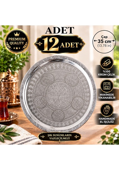 12 Adet 35 Cm Nakışlı Krom Çelik Tepsi Seti 430 Kalite Özel Motifli Servis Tepsisi Makinede Yıkanabilir Gümüş