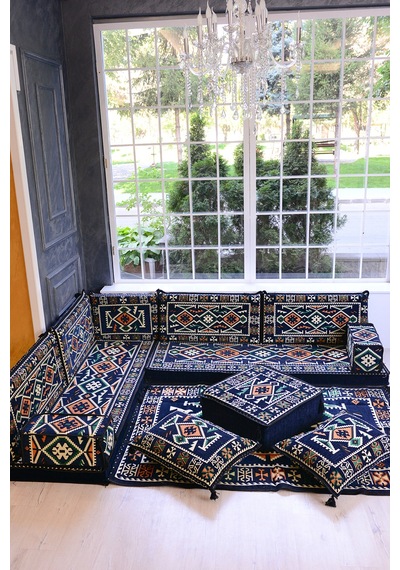 Otantik Şark Köşesi Takımı Lacivert Anadolu 13 Parça Kilim Ve Puf Dahil Süngerli Sedir Seti