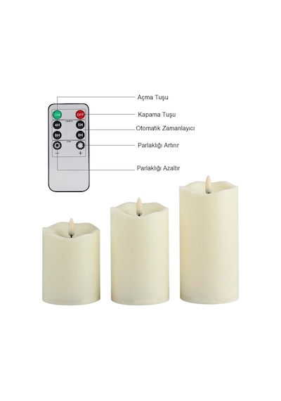 Plentiful Alevsiz Titreyen Led Mum Büyük Boy 3lü Set Kumandalı Beyaz