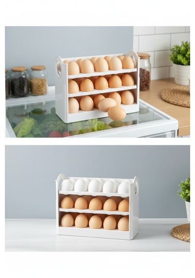30 Bölmeli Yumurta Organizer 3 Katlı Kaydırmalı Buzdolabı İçi Düzenleyici Raf Beyaz