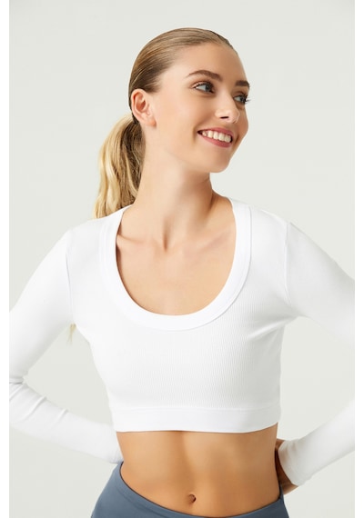 Los Ojos X Melodi Beyaz Pamuklu Fitilli Uzun Kollu Crop Spor Bluz Long Sleeve Beyaz