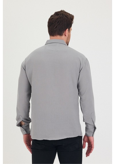 Cool Tarz Erkek Slim Fit Dar Kalıp Uzun Kol Pamuklu Keten Efekt Gömlek Gri Gri
