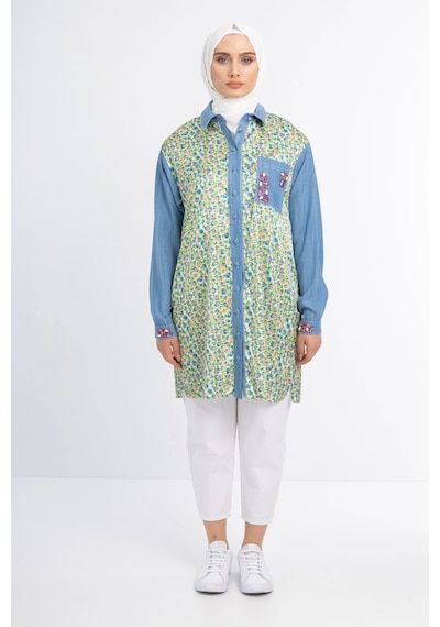 Pureva Taş İşlemeli Tencel Ve Desen Kumaşlı Tunik - Desen - 3 Çok Renkli