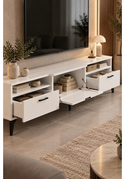 Sulorahome Metalik Beyaz Tv Sehpası 160x40 Cm