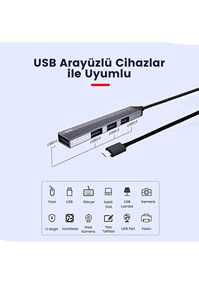 Ayrex Chb057 Usb Type-c To 4 Portlu 3 Usb 2.0 1 Usb 3.0 Hub Çoklayıcı 15 Cm