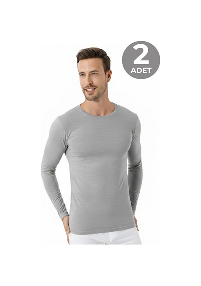 Arma Yıldız Gri Erkek Regular Fit Bisiklet Yaka Uzun Kollu Tişört 2'li Paket %100 Pamuk Gri 2