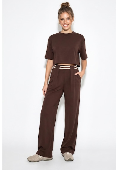 Shade Kadın Çizgi Detaylı Crop Bluzlu Yüksek Bel Modal Takım 4136 60286285 - Acı Kahve Çok Renkli