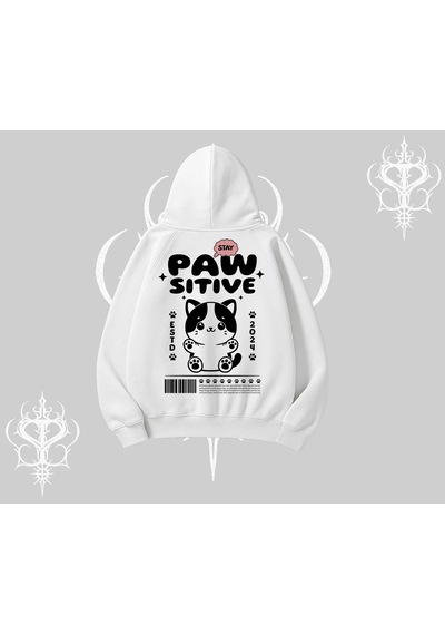 Paw Sitive Kedi Arka Baskılı Kapşonlu Sweatshirt