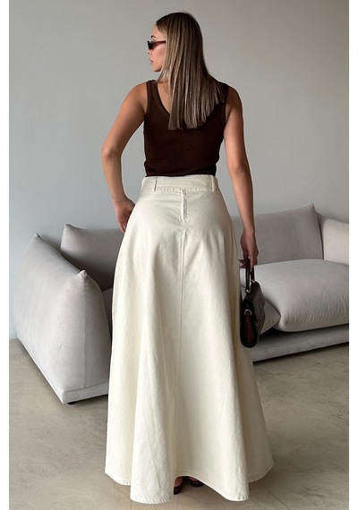 Olcay Beli Kuşaklı Denim Çan Uzun Etek Ekru 7064