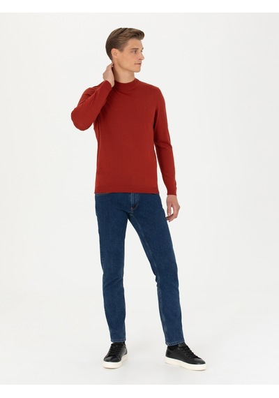 Cacharel Kiremit Slim Fit Çeyrek Balıkçı Yaka Triko Kazak Kırmızı
