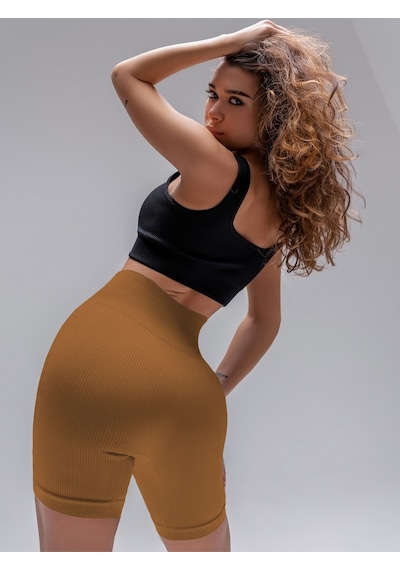 Mistirik Dublin Model Yüksek Bel Fitilli Seamless Biker Şort Caramel Renk027 Caremel