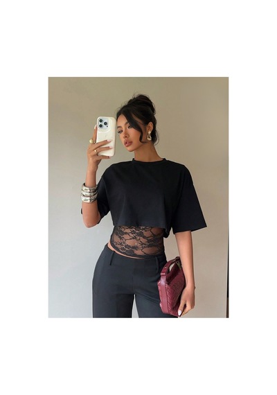 Meren Like Your Style Siyah Crop Tişört Kadın Dantel Detaylı Yuvarlak Yaka Şık Üst Bluz Siyah Meren Like Your Style Siyah Crop Tişört Kadın Dantel Detaylı Yuvarlak Yaka Şık Üst Bluz Siyah