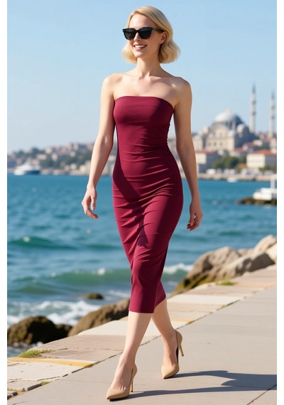 Benerly Kadın Straplez Bodycon Maxi Elbise Kolsuz Derin Yırtmaçlı Poplin Bordo
