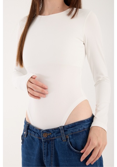 Gugus Kadın Bisiklet Yaka Uzun Kollu Çıtçıtlı/zıbın Body Beyazz