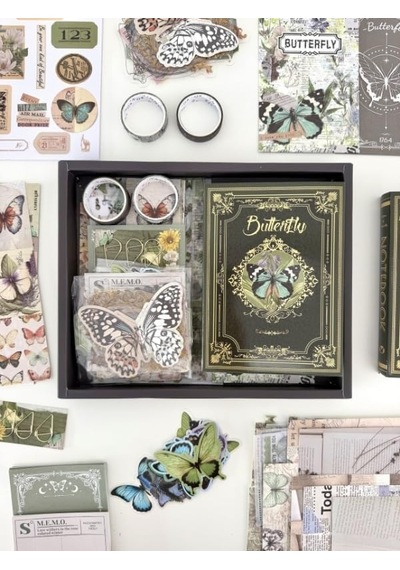 Vintage Butterfly Archive Kelebek Temalı 140 Parça Dopdolu Journal Scrapbook Seti/defter/washi
