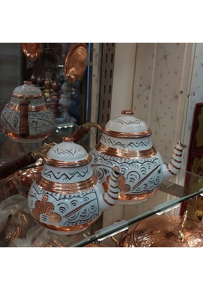 Bakır Çaydanlık El Işlemesi Çiçek Desenli Beyaz Renk İşlemeli Beyaz