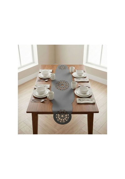 1 Adet Deri Runner-40x140 Cm-yıldız Desenli Runner Gri
