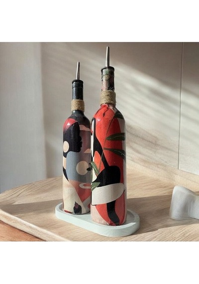 Yerli Kadın Desenli Yağdanlık Seti, Sosluk Ve Sirkelik Seti, 750 Ml Zeytinyağı Sıvıyağ Şişesi Set Çok Renkli