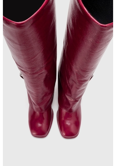 Luvishoes Lojo Bordo Kırışık Rugan Hakiki Deri Tokalı Kadın Kalın Topuklu Çizme Bordo