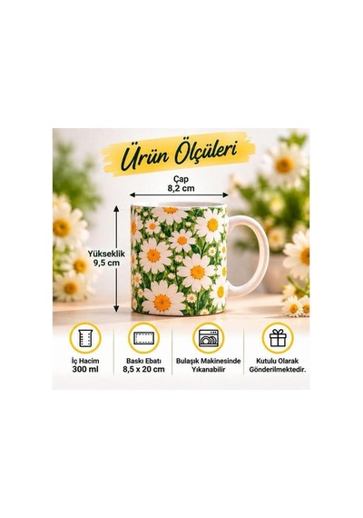 Bera Print Lab Papatya Desenli Kupa Bardak 300 Ml Çiçekli Kahve Ve Çay Kupası Hediyelik Kutulu Beyaz - 938831274 Beyaz