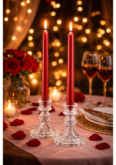 2 Li Cam Şamdan Ve 2 Li Uzun Şamdan Mumu Seti Romantik Masa Dekoru, Şık Ev Süsleme Kırmızı