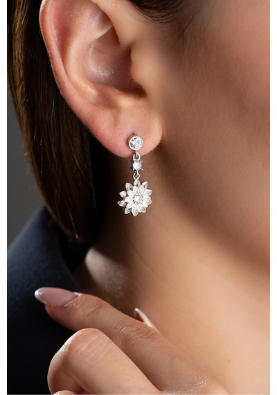 Çekirdekjewelry 925 Ayar Gümüş Lotus Çiçeği Küpe Gri Beyaz