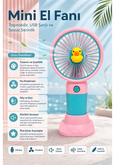Estone Es-9100 Figürlü Şarjlı Mini El Ve Masaüstü Fanı Telefon Standlı / 3 Kademeli Pembe