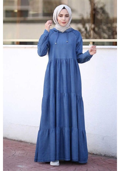 Neways 6531-Kapüşonlu Reglan Kollu Elbise Koyu Mavi