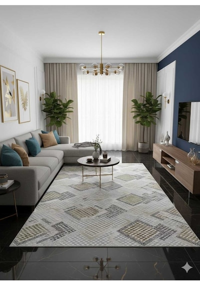 Nesrin Kaymaz Jel Taban Modern Kesme Yolluk Salon Halisi Renkli Karelii Krem
