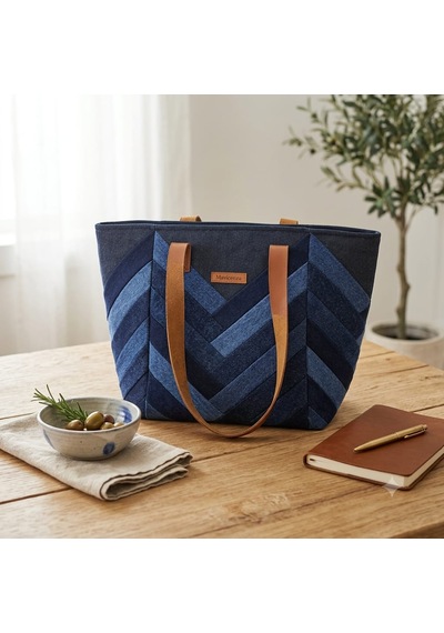 Kadın El Yapımı Patchwork Çok Parçalı Denim Omuz Çantası - Özel Tasarım Kot Tote Bag Çok renkli
