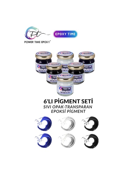 6'lı Opak & Transparan Sıvı Pigment Boya Seti / Epoksi Için/ 2 Adet Beyaz/ 2 Adet Siyah/ 2 Adet Mavi