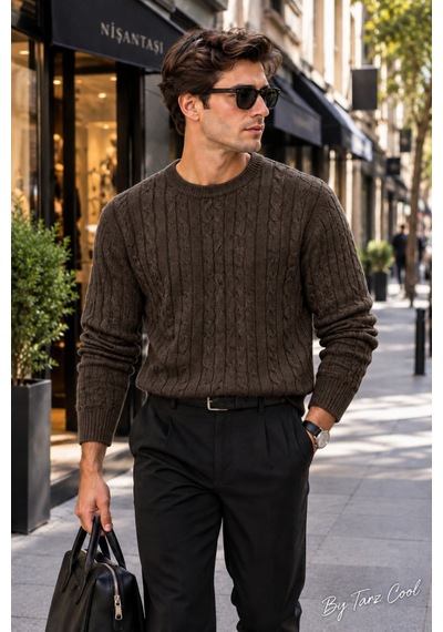 Cool Tarz Erkek Saç Örgü Desenli Bisiklet Yaka Triko Kazak Regular Fit Akrilik Pamuk Karışımlı Kahverengi Kahverengi
