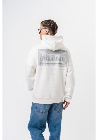 Respire Erkek Da Vinci Baskılı Kapüşonlu Oversize Hoodie Ekru