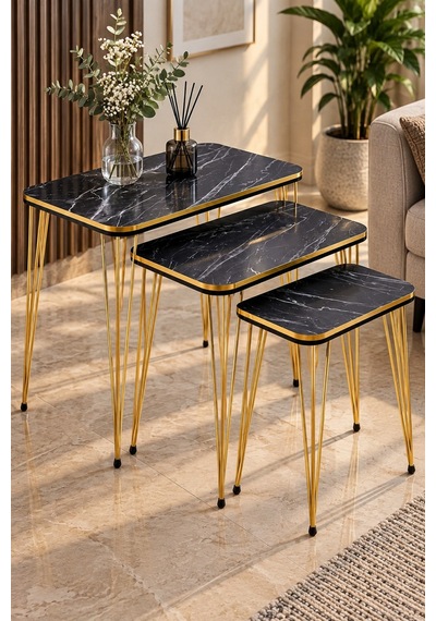 Sulorahome Siyah Mermer Desenli Gold Bendir Tel Zigon Sehpa Seti