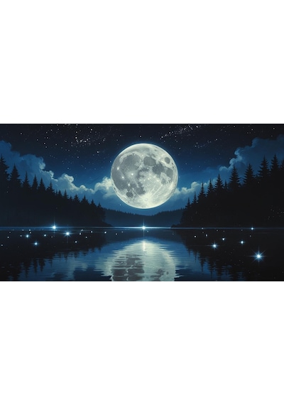 Doğa Ve Manzara Yatay Sakin Bir Gölün Üzerinde Parlayan Dolunay Suda Yansıyan Yıldızlar 01 Çerçevesiz 90x60cm Pvc Tablo