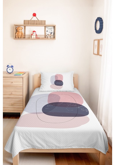 Modern Geometrik Genç Odası Tek Kişilik Pike Takımı - Gri Pembe 160x220 Cm Kapitone Yatak Örtüsü Gizli Çayır Kırığı