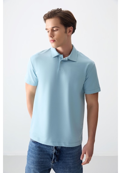 Air Jones Açık Mavi Pamuklu Kalın Yumuşak Dokulu Polo Yaka Oversize Fit Basic Erkek T- Shirt - 88381 Açik Mavi