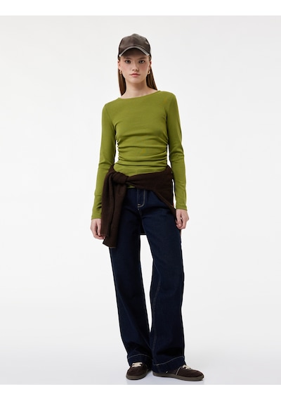 Koton Pamuklu Slim Fit Kayık Yaka Drapeli Uzun Kollu Tişört Yeşil 6wal10195ık Yeşil
