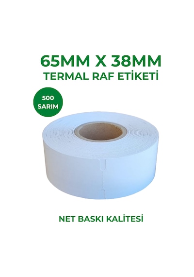 65x38 Termal Karton Raf Etiketi 500 Sarım Çentikli 20 Rulo 10.000 Adet Etiket