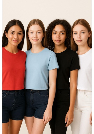 Kadın 4'lü Paket Oversize Crop Tişört %100 Pamuk Bisiklet Yaka T-shirt Mavi