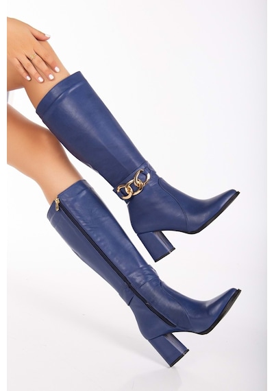 Analin Shoes Kadın Hakiki Deri Toka Detaylı Çizme Saks Mavi